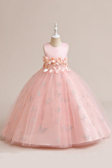 Vestido de menina sem mangas de tule rosa com apliques